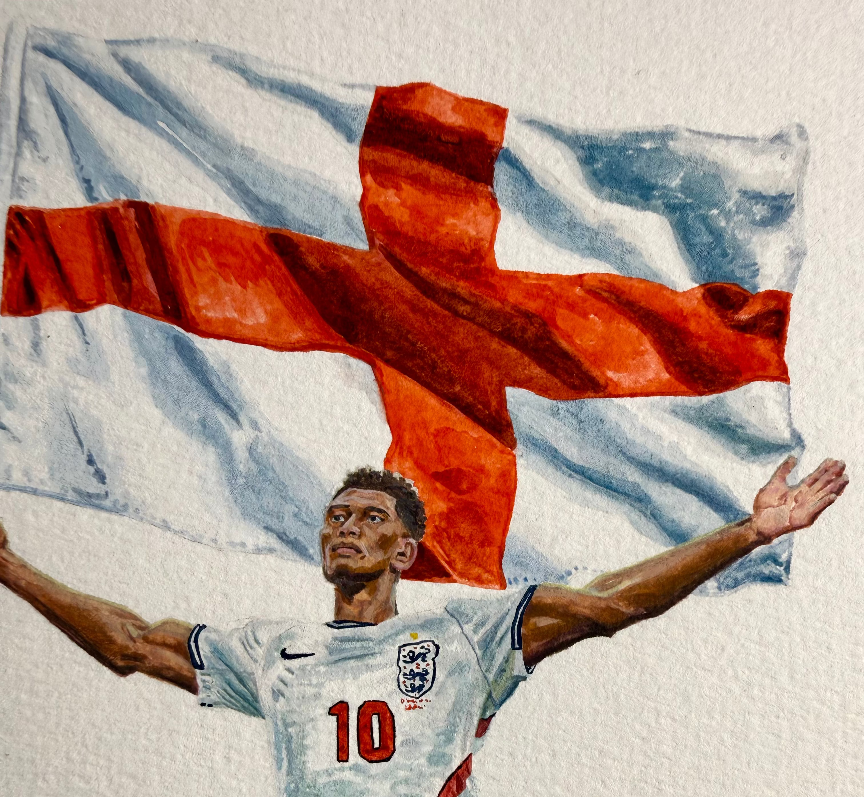 A watercolor-style portrait of Jude Bellingham in an England jersey and shorts, with arms raised while holding a large red cross flag on a white textured background.