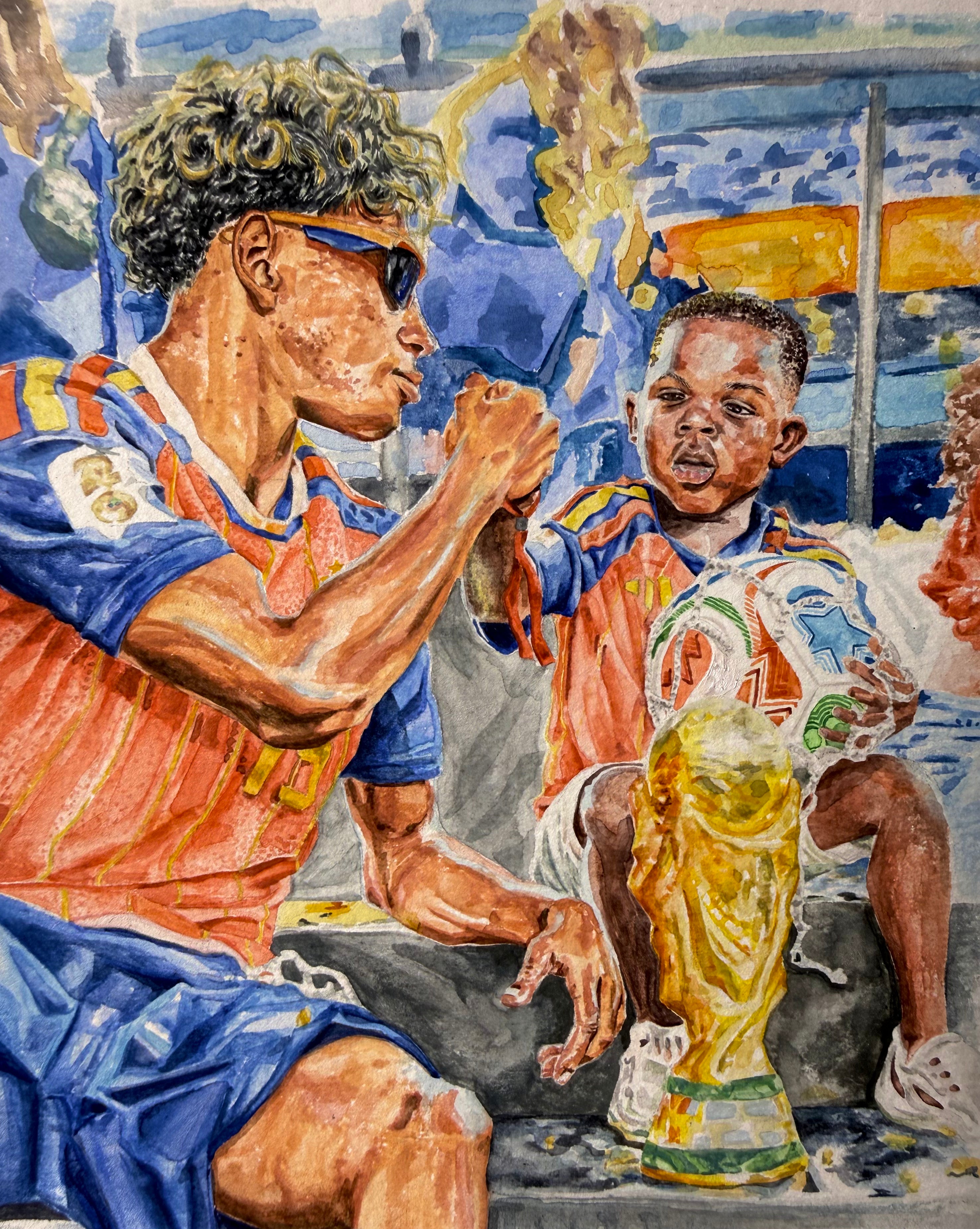 A colorful painted scene Lamine Yamal and Keyne Yamal in blue and orange jerseys, one wearing sunglasses and the other holding a soccer ball, with a large gold trophy in the foreground. The artwork fills the frame and appears to be the product itself rather than a photo of a physical object.